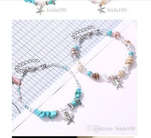 Pulseira Shell Transfronteira Fashion Seashell Starfish Bracelet Turquesa Conch Beads Cadeia de pés de praia decorada à mão WL880