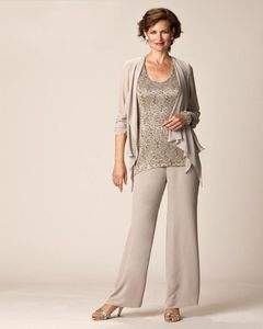 Champagne Mãe da noiva Pant ternos mangas compridas chiffon Jacket Lace Top três peças do noivo vestidos da mãe para a festa de casamento