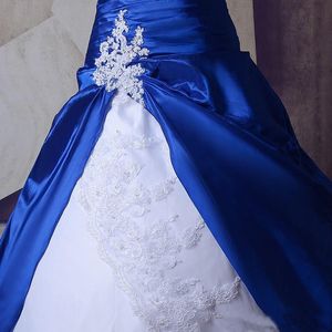 Shiny Real Image New White and Royal Blue A Line Wedding Dress 2019 Lace Taffeta Appliques Bridal Gown Beads Custom Made Crystal F260p