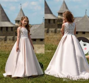 Cheap Lovely Flower Girls Dresses For Weddings Sleeveless Lace Top Appliques Princess Satin Birthday Girl Communion Pageant Gowns