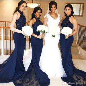 2022 Novo Sexy Navy Navy Navy Vestidos De Mermaid Halter Pescoço com Rendas Doméstica de Vestidos de Honra Sem Mangas Long Formal Wedding Convidado Vestidos Personalizados