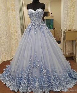 Ny 3d blomma söt 16 klänningar älskling ärmlös sexig spets tillbaka boll gown prom klänning quinceanera formell fest kväll ha på sig riktiga bilder