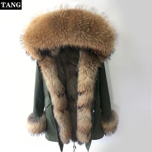 Large Raccoon Fur Collar Cuff Hooded Coat Women Winter Thicken Loose Real Fur Liner Parka Medium Long Outwear Detachable Femme