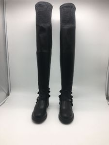 Venda imperdível - Botas elásticas planas redondas de cano longo Sapatos de salto baixo femininos pretos Sexy Botas de couro preto na coxa Botas de cano alto Sapatos rasos femininos
