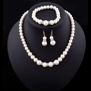 Fashion Women Artificial Pearls Necklace With Rhinestones Earrings And Bracelet Pure White Faux Pearl Jewelry