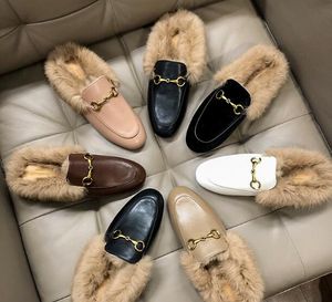 Genuine Leather Lazy Brand Designer Fashion Loafers Women Mules Shoes Rabbit Fur Slippers Real Pictures