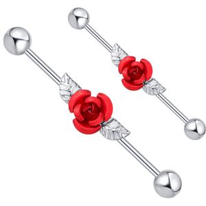 Red Rose with Leaves Industrial Barbell Stainless Steel Ear Stud Body Jewelry Piercing Bar Barbells Cartilage 20pcs
