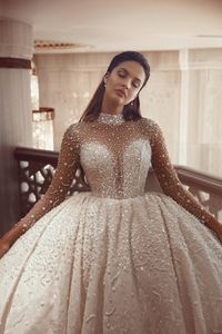 Ball Gown Plus Size Wedding Dresses Jewel Neck Long Sleeve Beads Satin A Line Wedding Dress Sweep Train Vestidos De Novia
