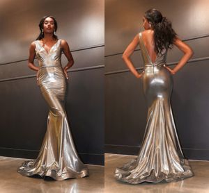 2020 Unique Sparkly Mermaid Evening Prom Dresses Deep V-neck V Backless Pleated Floor Length Dresses Evening Wear Pageant Formal Bridesmaid