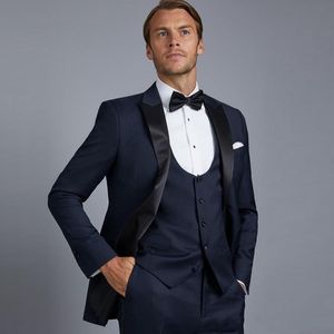 High Quality Two Buttons Navy Blue Wedding Groom Tuxedos Peak Lapel Groomsmen Men Formal Prom Suits (Jacket+Pants+Vest+Tie) W126