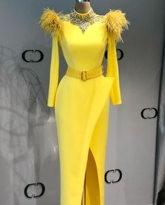 Yellow Split Evening Dress Without Belt robe de soiree High Neck Beads Crystals Long Sleeves Prom Dress Feather Dubai African Vestidos