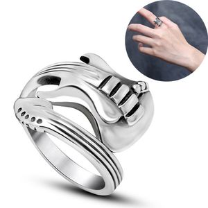 Vintage Fashion Men Women Guitar Shaped Ring Jewelry Stainless Titanium Steel Unisex Punk Rock Party Hip Hop adjustable Open Ring For Gift