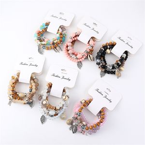 Natural Shell Bracelets Designs Fashion Leaf Charm Jewelry for Girls Handmade Wood Beads Women Crystal Beaded Bracelet Strands Pink Black