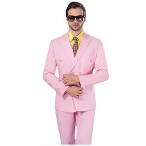 Double-Breasted Pink Groom Tuxedos Peak Lapel Mężczyźni Garnitury 2 Sztuk Wedding / Prom / Dinner Blazer (Kurtka + Spodnie + Krawat) W810