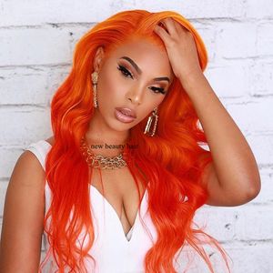 Ny kändis stil orange färg hår naturlig långvåg brasiliansk hår värme beständig syntetisk spets front peruker för kvinnor