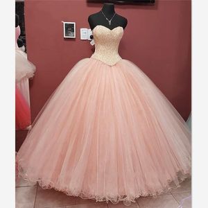 Riktig bild blush rosa prom quinceanera klänningar 2020 billiga pärlor sequin kristall draped tulle vestioder de novia party klänning för söta 16 tjejer