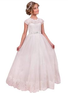 Flower Girl Dresses Lace Applique Beaded Belt Romantic for Weddings Girl Communion Tulle Party Pageant Dresses