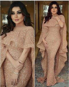 2020 Nya Bling Sequined Mermaid Aftonklänningar med Long Cape Ruffles Glitter Illusion Arabisk Mellanöstern Custom Made Plus Size Prom Dress