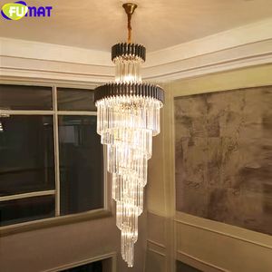 Fumat Crystal Wisiorek Lampy Schody Wiszące Oprawa Żyrandol LED Plated Gold Black Frame Palace Home Decor Duplex Villa Light
