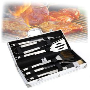 Professionell utomhus BBQ redskap Tillbehörssats med aluminiumlåda 6 stycken Set Rostfritt stål Grillverktyg Matlagning VT1145