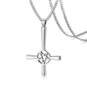 Stort silver inverterat kors ockult pentagram halsband i rostfritt stål sataniska gotiska satan smycken