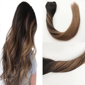 Brazilian Human Hair Extensions Color Balayage Highlights #2 Darkest Brown Fading to #6 Medium Brown Human Hair Weave Bundles 100g