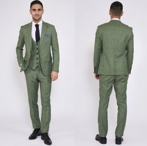 Olive Green Plaid Mens Suits For Groom Tuxedos 2019 notched Lapel Slim Fit Blazer Three Piece Jacket Pants Man skräddarsydd Clothin2247