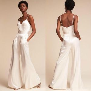 Bridesmaids Cheap Simple Jumpsuit with Pockets Spaghetti Straps Backless Floor Length Beach Wedding Guest Dress Jumpsuits Vestidos s