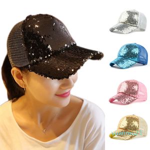 Partihandel-Kvinnor Ponytail Baseball Caps Sequins Glänsande Messy Bun Snapback Hat Sun Cap Vuxna Barn Baseball Cap Glitter Sparkling Glänsande hattar