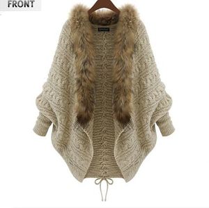 Jackets femininos outono e inverno Novo tamanho grande feminino manga de morcego Cardigan suéter de casaco colarinho de pele bege