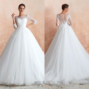 Elegante Spitze Ballkleid Brautkleider 2020 Lange Ärmel Tüll Appliziert Plus Size Muslim Dubai Brautkleider 100 % echte Bilder BM1411