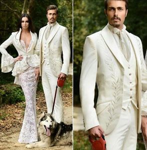 Embroidery Groom Tuxedos Ivory Groomsmen Mens Wedding Dress Man Jacket Blazer Fashion 3 Piece Suit(Jacket+Pants+Vest+Tie) 2294