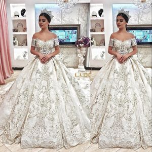 New Luxurious Sparkly A Line Wedding Dresses Off Shoulder Lace Appliques Crystal Beaded Satin Cap Sleeves Plus Size Ball Gown Bridal Gowns