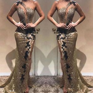 Bling Sexy Gold Sequined Black Lace Mermaid Evening Dresses Wear One Shoulder Sequins Side Split Backless Formal Prom Dress Party Gowns