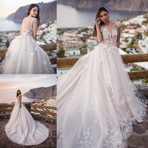Praia de vestidos de casamento mera linha Neck 3D Floral Lace apliques mangas vestidos de noiva Plus Size Feito à Mão Flor vestido de casamento