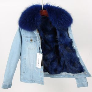 2019 new designer blue raccoon fur trim Cold resistant women blue fox fur lining mini light blue denim coat
