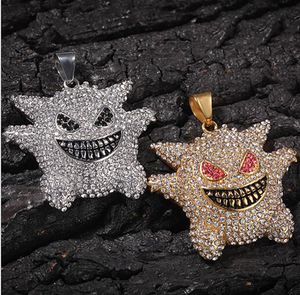 Iced Out Ghost Pendant Necklace 18K Gold Plated 316L rostfritt stålhänge med 3 mm 24 -tums repkedja