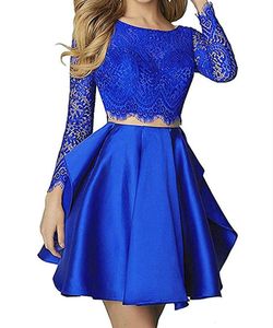 Elegant Blue Lace Two Pieces Prom Dresses Sexy Long Sleeves Backless Short Homecoming Dress Cheap Little Mini Formal Party Cocktail Custom