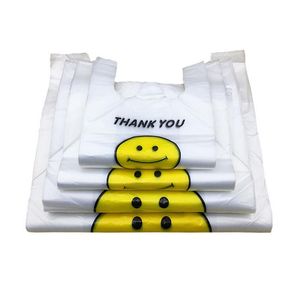 Sacos plásticos portáteis com rosto sorridente transparente Material fresco personalizado à prova d'água Colete multiuso Sacos de compras Epacket grátis