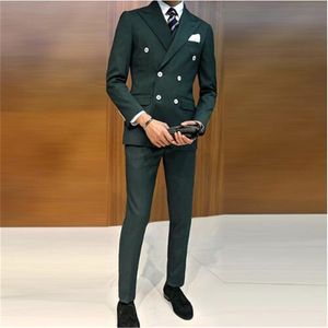 Double Breasted Green Peak Lapel High quality Groom Tuxedos Bridegroom Suits Groomsman suit men 2019 (Jacket+Pant+tie)