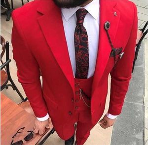 Yüksek Kalite İki Düğmeler Kırmızı Düğün Damat Smokin Çentik Yaka Groomsmen Erkekler Örgün Balo Damat Suits (Ceket + Pantolon + Yelek + Kravat) W101