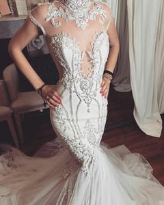 Modest Mermaid Wedding Dresse High Neck Cap Sleeve Lace Appliqued Sweep Train Beaded Bridal Gowns Vestidos De Novia