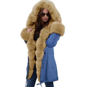 Mavi Ceket Kürk Yaka toptan satış-Kadın Sonbahar Kış Denim Blue Faux Kürk Bulanık Yaka Sıcak Uzun Kapşonlu Palto Ceket Ayarlanabilir Bel Gevşek Kalınlaşmak Parka Dış Giyim Palto
