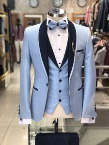 Novo Design One Button Light Blue Men casamento Ternos xaile lapela Três Peças Negócios Noivo Smoking (Jacket + Calças + Vest + Tie) W980