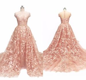 Nigerian Lace Pink Wedding Dresses Detachable Train Illusion Short Sleeve Designer Sashes Country Wedding Dress Bridal Gowns Boho Long Lace