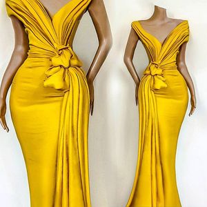Yellow 2020 African Suknie Wieczorowe Płetki Wiązane Syrenki Prom Suknie V Neck Krótki Rękaw Ruffles Formal Party Celebrity Suknie