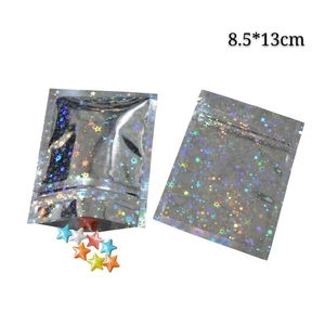 Platt botten hologram mylar folie förpackning väskor regnbåge färgglada presentförpackning förpackning väska påse 8,5 * 13cm 100pcs zip lås dragkedja