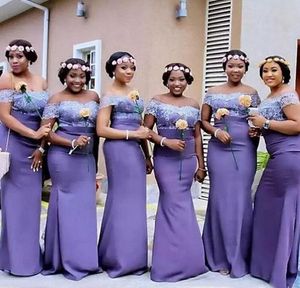 African Nigerian Style Lavender Purple Satin Mermaid Bridesmaid Dresses Long Off Shoulder Lace Maid Of Honor Gowns