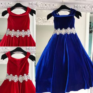 Royal Velvet Pageant Klänningar för Tonåringar 2019 Kristaller Rhinestones Lång PageAnt klänningar för små tjejer från axelröd formell festkläder