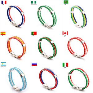 World Cup Sports Wrap Armband 20 Nationella flaggor Flätade PU Läder Rope Wristband Bangle för fotboll Fotboll fans smycken i bulk
